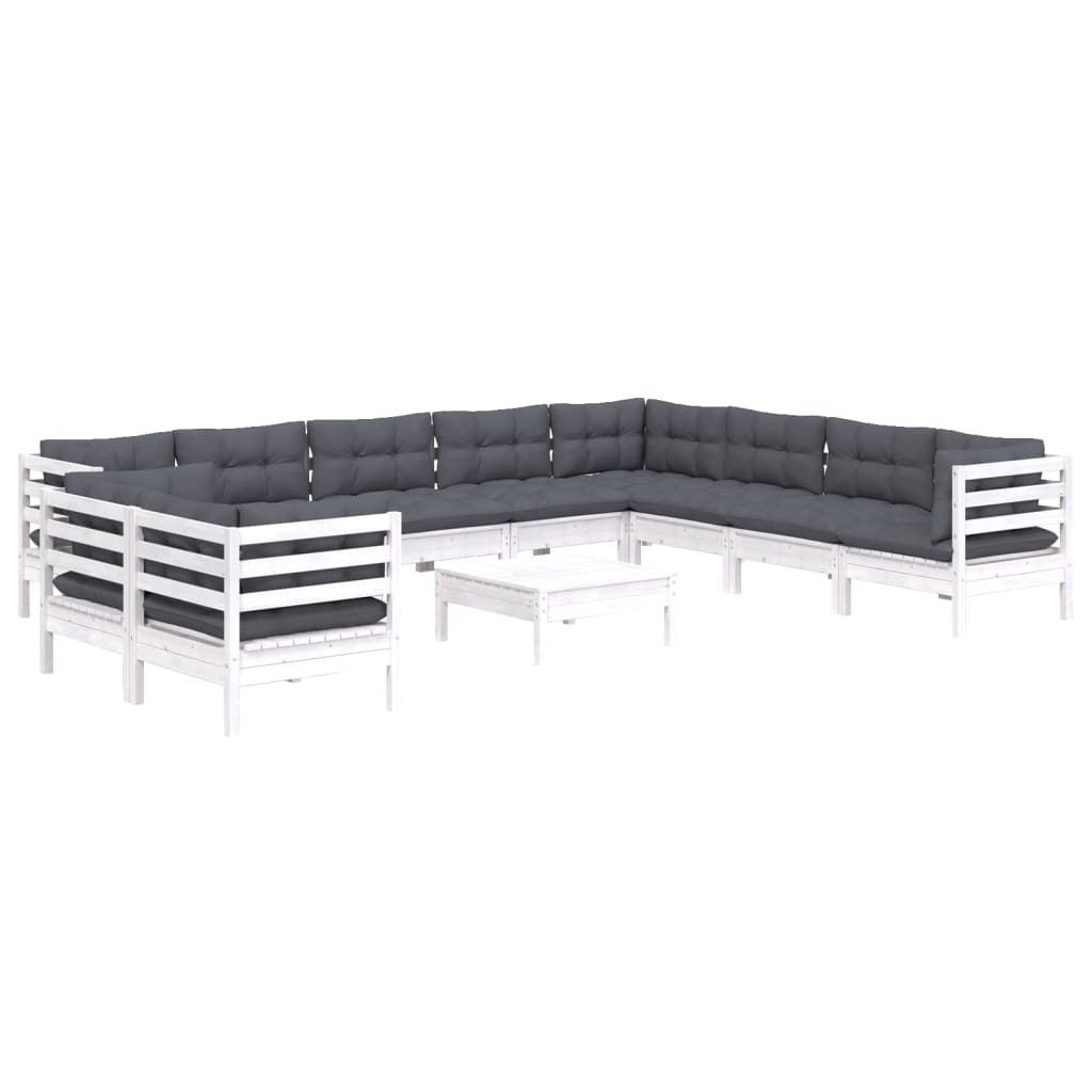 11-tlg. Garten-Lounge-Set mit Kissen Weiss Massivholz Kiefer